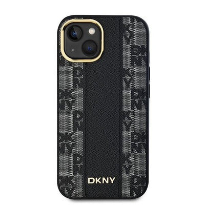DKNY Leather Checkered Mono Pattern MagSafe Case for iPhone 14/15/13 - Black