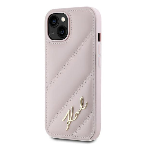 Karl Lagerfeld Diagonal Quilted Script case for iPhone 14 / 15 / 13 - pink