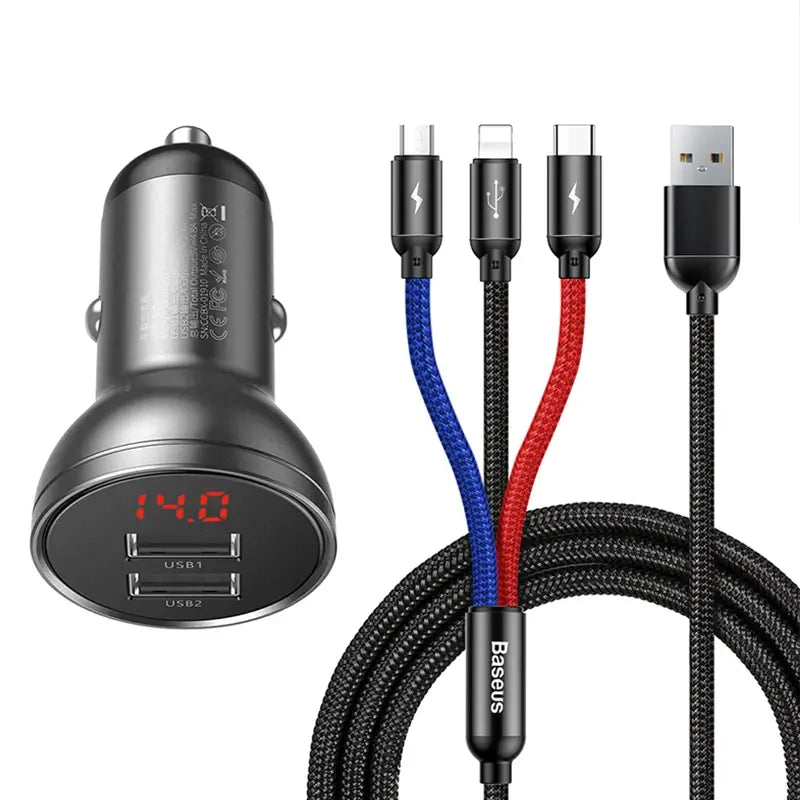 Baseus Car Charger with display 24W + Cable USB 3in1 Baseus Three Primary Colors 1,2m - Product Image 1