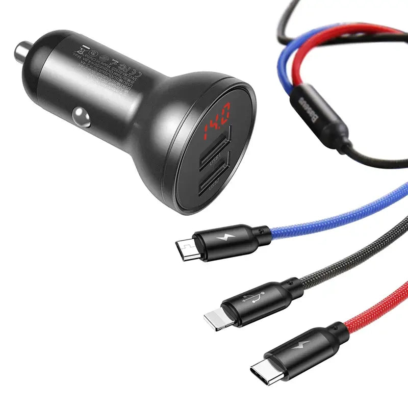 Baseus Car Charger with display 24W + Cable USB 3in1 Baseus Three Primary Colors 1,2m - Product Image 3