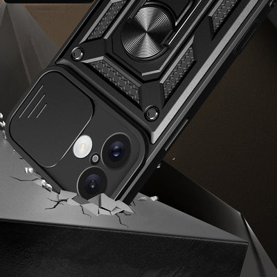Hybrid Armor Camshield iPhone 16 Armored Case with Camera Cover and Stand - Black — Hurtel