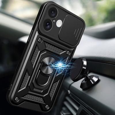 Hybrid Armor Camshield iPhone 16 Armored Case with Camera Cover and Stand - Black — Hurtel
