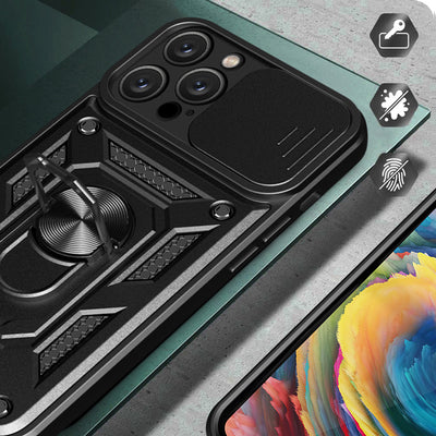 Hybrid Armor Camshield iPhone 16 Pro Max Armored Case with Camera Cover and Stand - Black — Hurtel