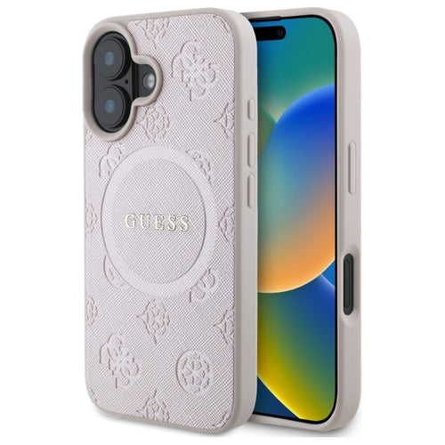 Guess Saffiano Peony Classic Logo MagSafe iPhone 16 Case - Pink