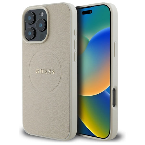 Guess Grained Gold Ring MagSafe Case for iPhone 16 Pro Max - Beige