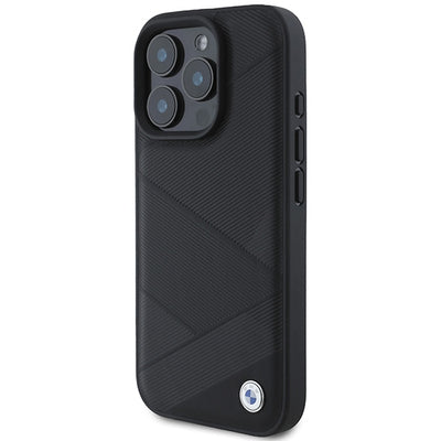 BMW Signature Leather Crossing Lines Pattern iPhone 16 Pro Case - Black