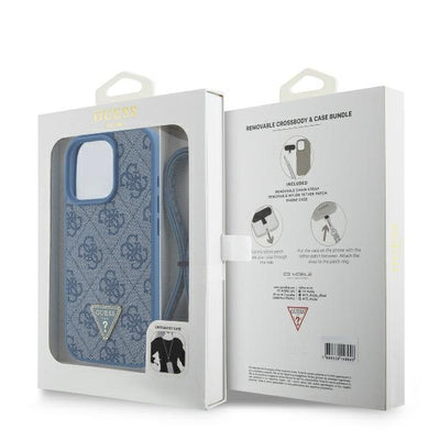 Guess Leather Metal Logo Strass Crossbody Case for iPhone 16 Pro Max - Blue