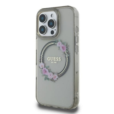 Guess IML Flowers Wreath MagSafe Case for iPhone 16 Pro - Black