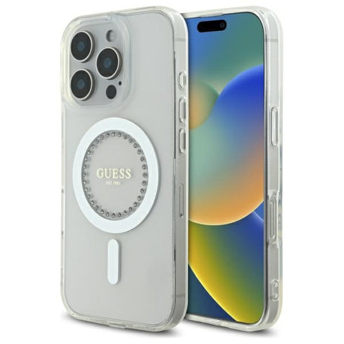 Guess IML Rhinestones MagSafe Case for iPhone 16 Pro - White