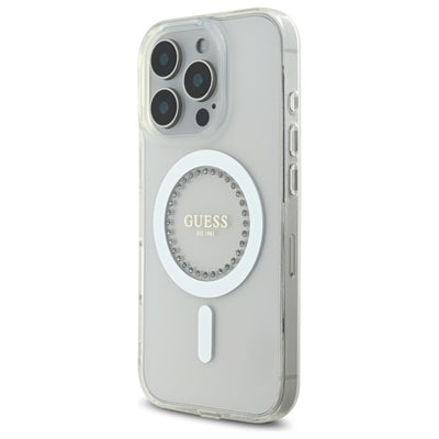 Guess IML Rhinestones MagSafe Case for iPhone 16 Pro - White