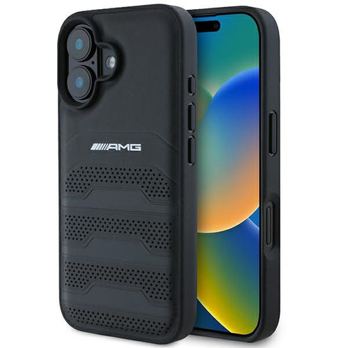 AMG Leather Debossed Lines Black Logo iPhone 16 Case - Black — Mercedes
