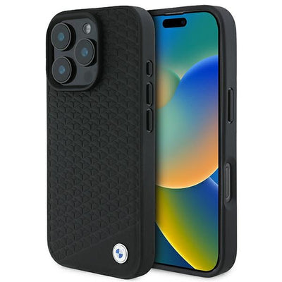 BMW Signature Leather Diamond Metal Logo MagSafe Case for iPhone 16 Pro Max - Black