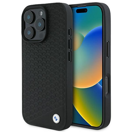 BMW Signature Leather Diamond Metal Logo MagSafe Case for iPhone 16 Pro Max - Black