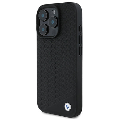 BMW Signature Leather Diamond Metal Logo MagSafe Case for iPhone 16 Pro Max - Black