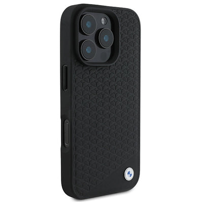 BMW Signature Leather Diamond Metal Logo MagSafe Case for iPhone 16 Pro Max - Black