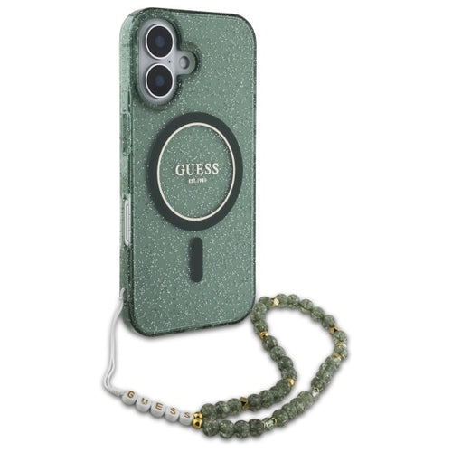 Guess IML Glitter With Pearl Strap MagSafe case for iPhone 16 Plus - green