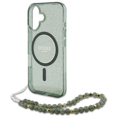 Guess IML Glitter With Pearl Strap MagSafe case for iPhone 16 Plus - green