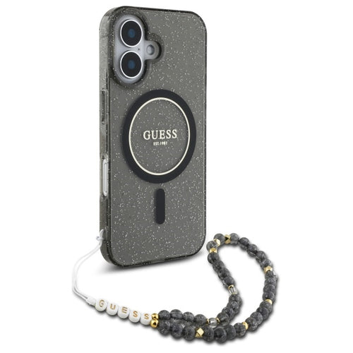 Guess IML Glitter With Pearl Strap MagSafe case for iPhone 16 - black