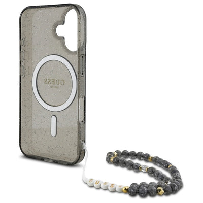 Guess IML Glitter With Pearl Strap MagSafe case for iPhone 16 - black