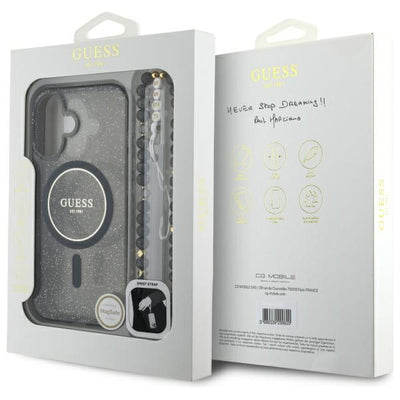 Guess IML Glitter With Pearl Strap MagSafe case for iPhone 16 - black