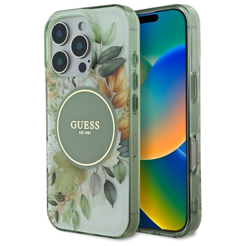 Guess IML Flower &amp; Tonal Circle MagSafe case for iPhone 16 Pro Max - green