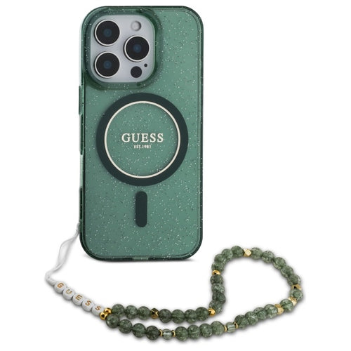 Guess IML Glitter With Pearl Strap MagSafe case for iPhone 16 Pro Max - green
