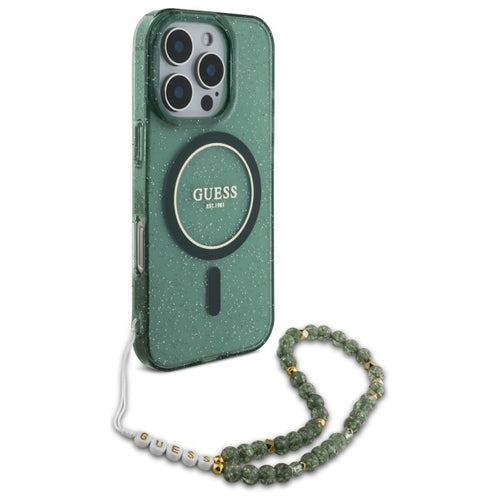 Guess IML Glitter With Pearl Strap MagSafe case for iPhone 16 Pro Max - green