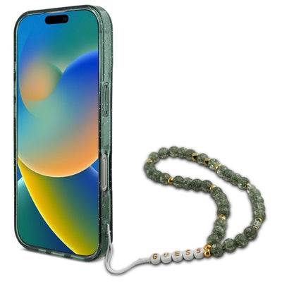 Guess IML Glitter With Pearl Strap MagSafe case for iPhone 16 Pro Max - green