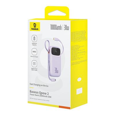 Baseus QPow 2 30W 10000mAh Power Bank with Built-in USB-C Cables - Purple