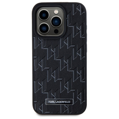 Karl Lagerfeld Leather Monogram Metal Logo MagSafe iPhone 15 Pro Case - Black