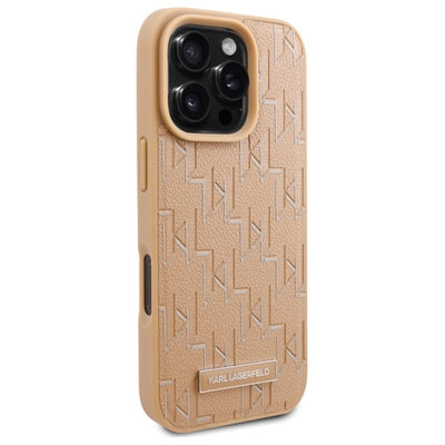 Karl Lagerfeld Leather Monogram Metal Logo MagSafe iPhone 16 Pro Case - Beige