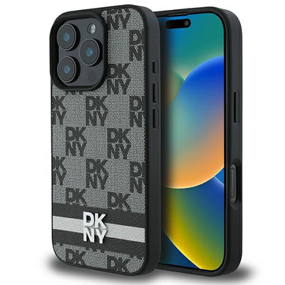 DKNY Checkered Pattern &amp; Printed Stripes Case for iPhone 16 Pro - Black