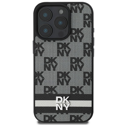 DKNY Checkered Pattern &amp; Printed Stripes Case for iPhone 16 Pro - Black