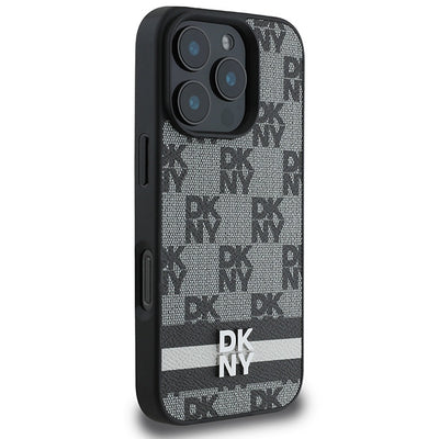 DKNY Checkered Pattern &amp; Printed Stripes Case for iPhone 16 Pro - Black