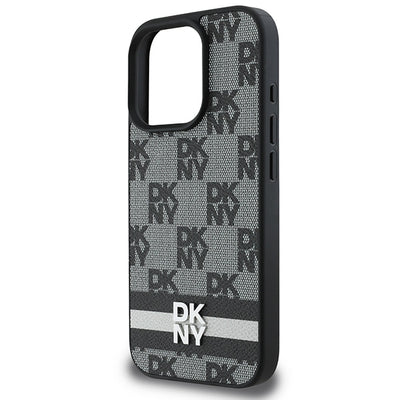DKNY Checkered Pattern &amp; Printed Stripes Case for iPhone 16 Pro - Black