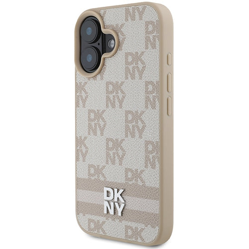 DKNY Checkered Pattern &amp; Printed Stripes iPhone 16 Case - Pink
