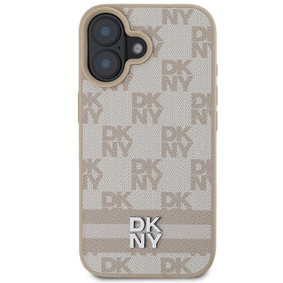 DKNY Checkered Pattern &amp; Printed Stripes iPhone 16 Case - Pink