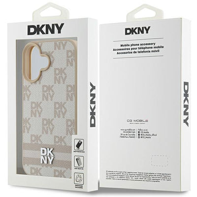 DKNY Checkered Pattern &amp; Printed Stripes iPhone 16 Case - Pink