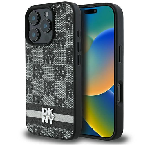 DKNY Checkered Pattern &amp; Printed Stripes Case for iPhone 16 Pro Max - Black