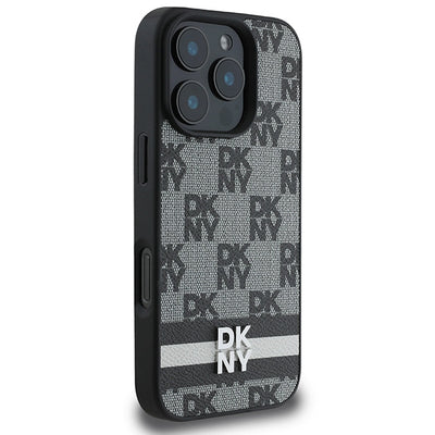 DKNY Checkered Pattern &amp; Printed Stripes Case for iPhone 16 Pro Max - Black