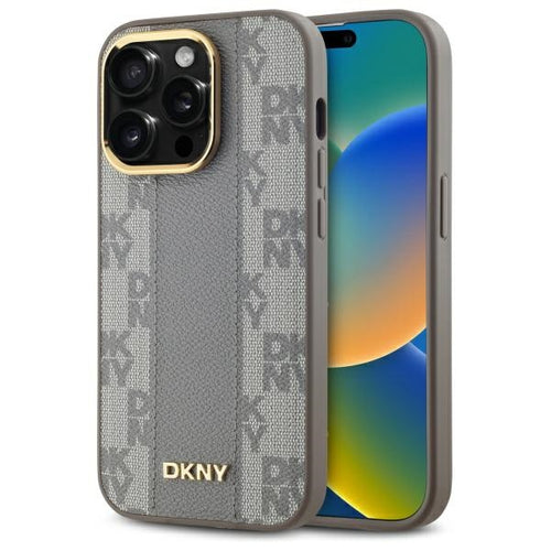 DKNY Leather Checkered Mono Pattern MagSafe iPhone 14 Pro Case - Beige