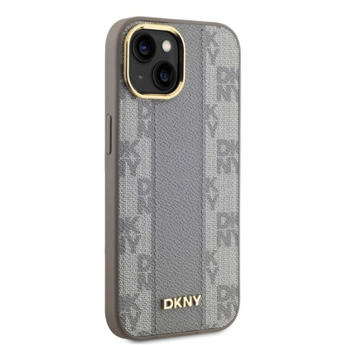 DKNY Leather Checkered Mono Pattern MagSafe iPhone 14 Case - Beige