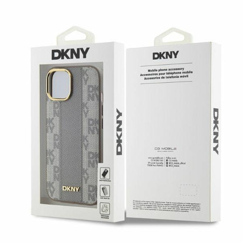 DKNY Leather Checkered Mono Pattern MagSafe iPhone 14 Case - Beige