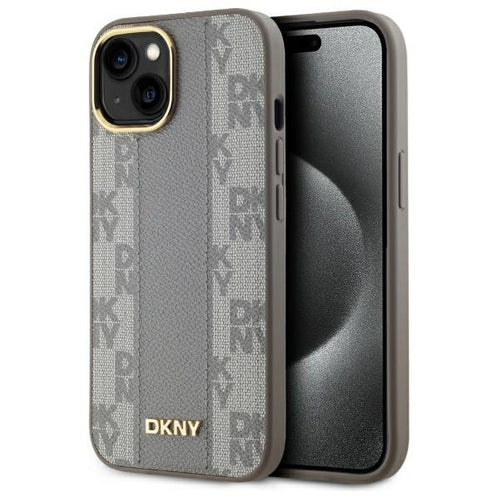 DKNY Leather Checkered Mono Pattern MagSafe iPhone 15 Plus Case - Beige