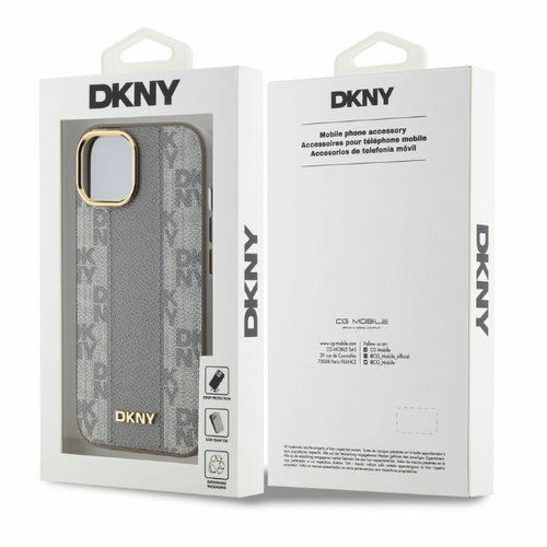 DKNY Leather Checkered Mono Pattern MagSafe iPhone 15 Case - Beige