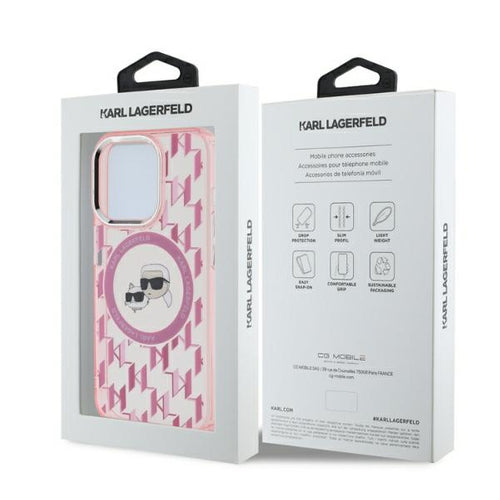 Karl Lagerfeld IML Monogram Karl &amp; Choupette Head MagSafe iPhone 15 Pro Case - Pink