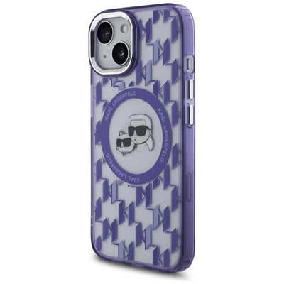Karl Lagerfeld IML Monogram Karl &amp; Choupette Head MagSafe iPhone 15 Case - Purple
