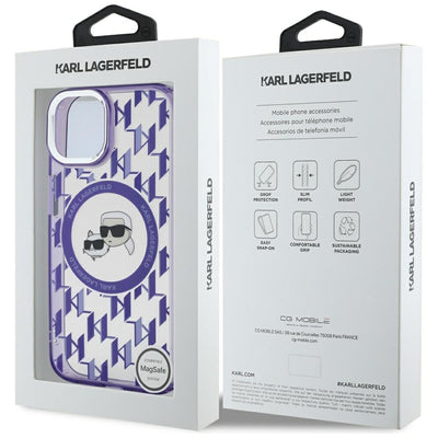Karl Lagerfeld IML Monogram Karl &amp; Choupette Head MagSafe iPhone 15 Case - Purple