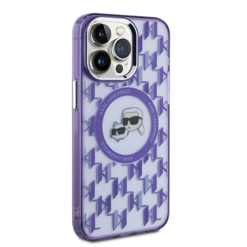 Karl Lagerfeld IML Monogram Karl &amp; Choupette Head MagSafe Case for iPhone 15 Pro Max - Purple