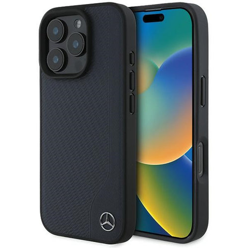 Mercedes MB Wood Imitation Leather MagSafe Case for iPhone 16 Pro Max - Navy Blue